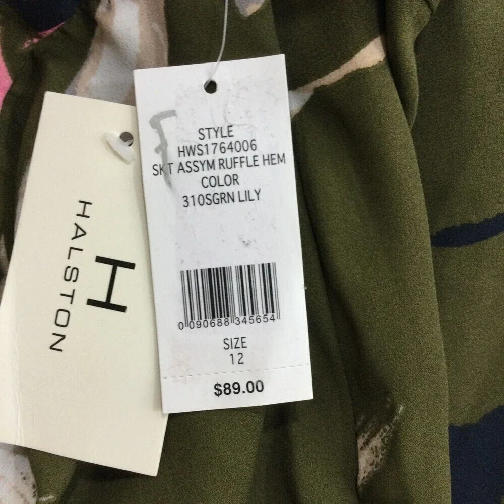 Halston Womens Floral A-Line Asymmetric Ruffle Hem Skirt Green Lily Size 12 NWT
